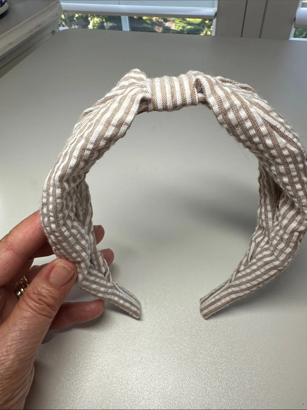 J. Crew Factory Beige and White Striped Seersucker Knotted Headband
